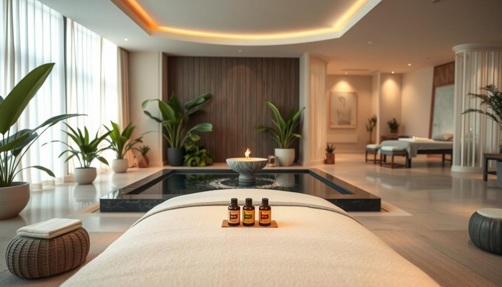 A tranquil and luxurious spa interior inspired by Ataköy, featuring serene aromatherapy elements. In the foreground, a beautifully arranged massage table with soft, fluffy linens and aromatic oils displayed elegantly. The middle ground showcases a calming water feature, surrounded by lush indoor plants and ambient lighting that casts a warm glow. The background includes softly lit treatment rooms with minimalist décor, emphasizing tranquility and relaxation. Soft, diffused natural light filters through large windows adorned with sheer curtains, creating an inviting atmosphere. The overall mood is one of peace and luxury, perfect for conveying premium wellness experiences. The color palette consists of soft earth tones paired with light greens, enriching the tranquil ambiance.