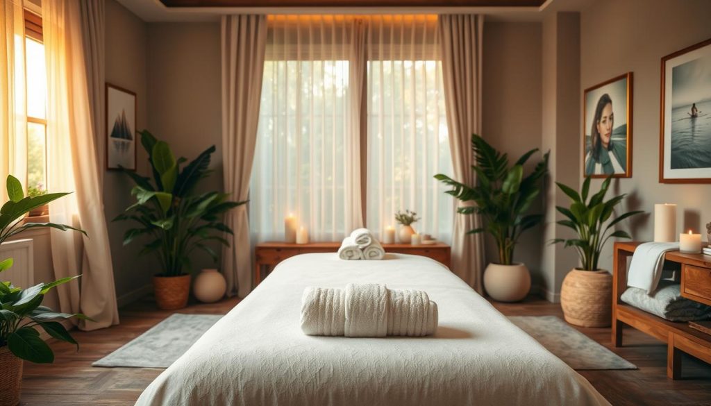 A tranquil spa-like setting with soft lighting, plush towels, and calming aromatherapy candles. A luxurious massage table with crisp white linens sits in the center, inviting relaxation. The room is adorned with lush greenery and serene artworks, creating a soothing atmosphere. Warm, golden light filters through sheer curtains, casting a gentle glow. Smooth, polished wood accents and natural textures enhance the relaxing ambiance. Every detail has been thoughtfully curated to elevate the massage experience and help the recipient unwind before their session.