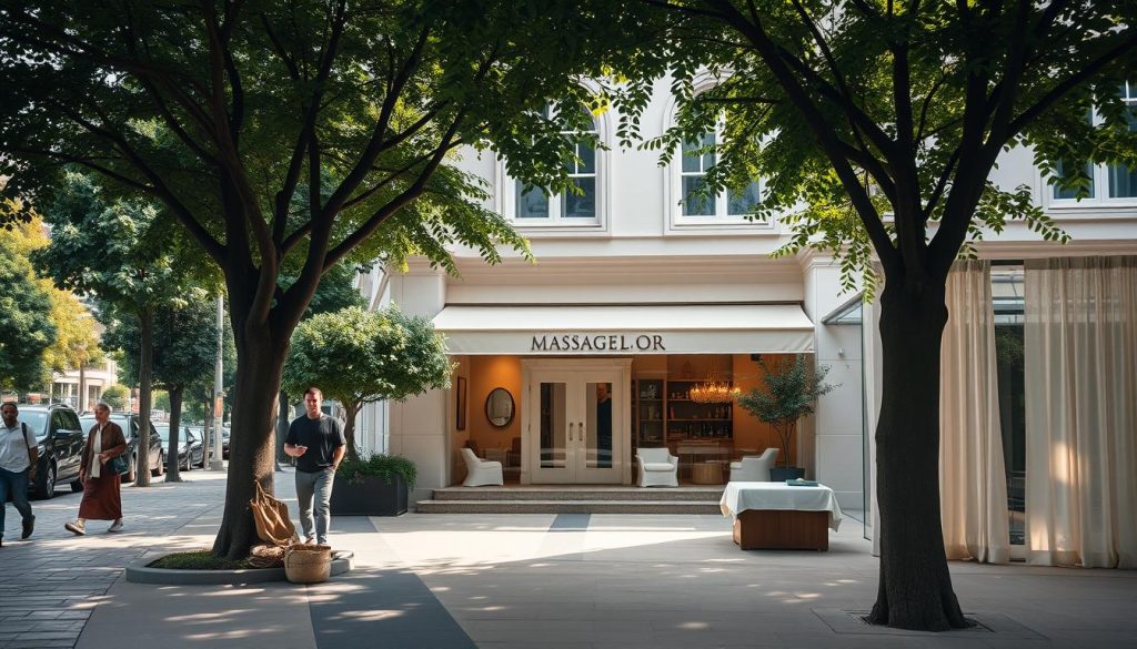 A tranquil urban oasis in the heart of Taksim, Istanbul. A tree-lined promenade invites pedestrians to stroll amidst the bustling city, finding moments of serenity. Ahead, an elegant massage parlor stands, its inviting facade beckoning passersby to indulge in a restorative experience. Soft, natural lighting filters through the windows, casting a warm, soothing glow. Plush fabrics and calming decor create an atmosphere of pure relaxation. A sense of peace and rejuvenation permeates the space, offering a sanctuary from the rhythms of the city.