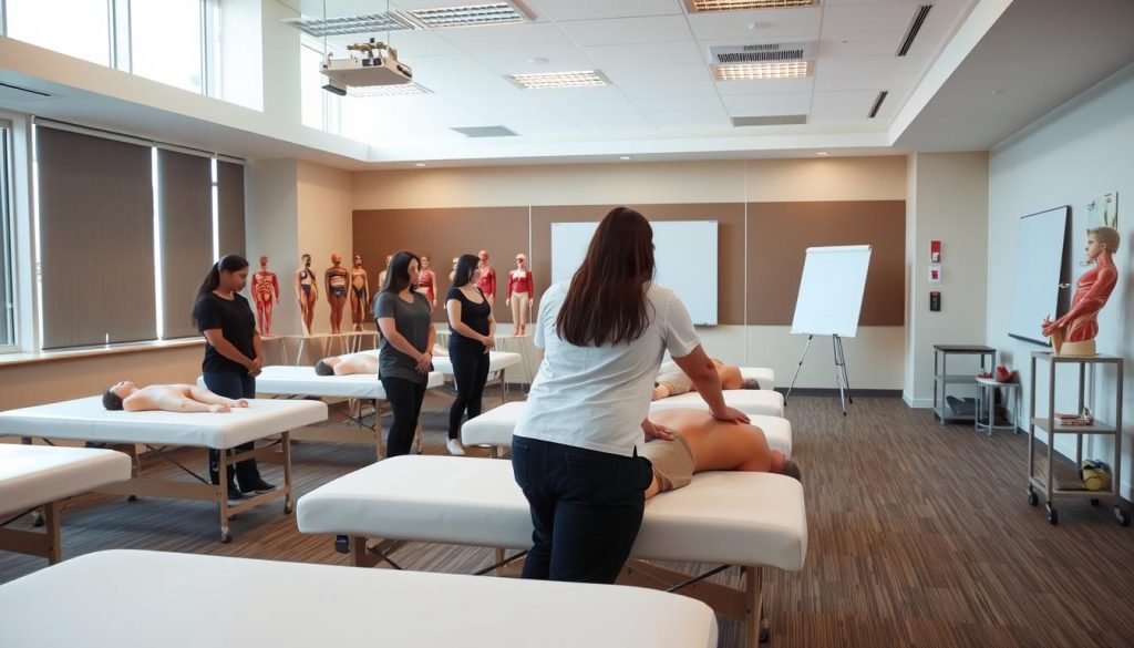 A well-lit, expansive classroom setting with modern furnishings and equipment. The room has large windows, allowing natural light to flood the space. Neatly arranged massage tables and anatomical models on display, creating a professional, educational atmosphere. In the foreground, a massage therapist demonstrates proper techniques to a group of attentive students, their faces and bodies obscured. The background features a whiteboard or projector screen, suggesting a comprehensive curriculum. The overall scene conveys a sense of expertise, discipline, and a commitment to mastering the art of massage therapy.