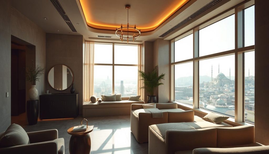 An opulent and tranquil boutique spa nestled amidst the vibrant cityscape of Istanbul. The interior exudes an elegant, minimalist aesthetic with clean lines, natural materials, and subdued lighting that creates a serene, cocoon-like atmosphere. Soft, muted tones of greens and grays complement the plush furnishings, while large windows offer glimpses of the bustling city beyond, a juxtaposition of urban energy and peaceful respite. Sunlight filters in, casting a warm, golden glow and accentuating the luxurious textures of the space. An oasis of calm and relaxation, this boutique spa embodies the essence of Istanbul's unique blend of tradition and modernity.