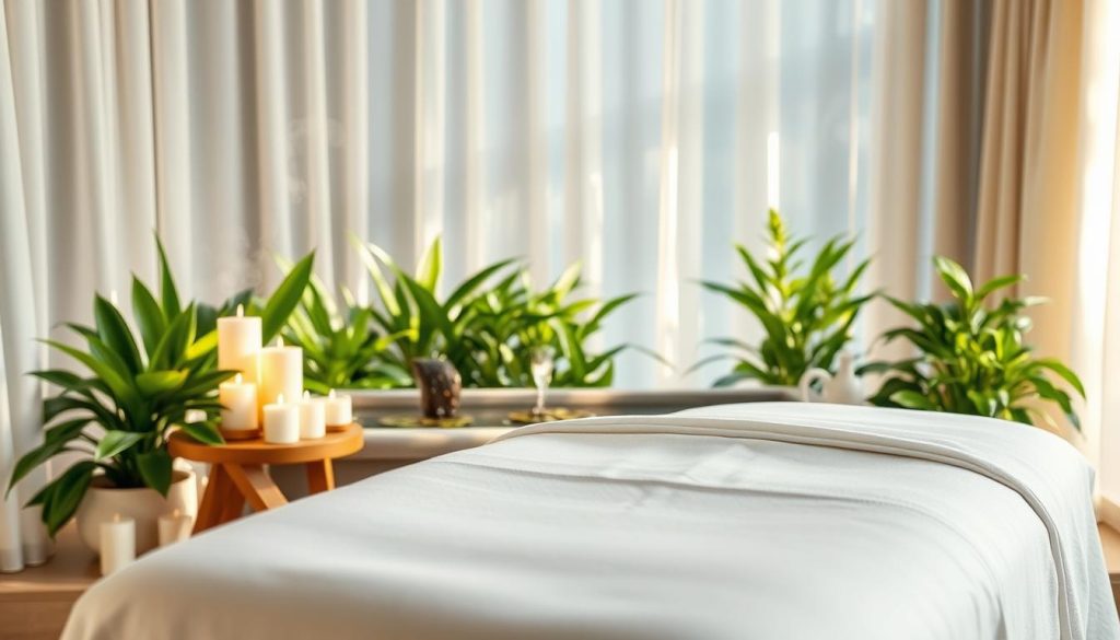 A serene and calming spa environment emphasizing the effects of massage on mental well-being. In the foreground, a soft massage table draped in pure white linen, surrounded by soothing candles and essential oil diffusers releasing delicate vapor. In the middle ground, lush green plants create a sense of tranquility, while a gently flowing water feature adds to the peaceful ambiance. The background features soft, diffused lighting, reminiscent of early morning light filtering through sheer curtains, casting gentle shadows. The overall atmosphere is one of relaxation, harmony, and emotional care, inviting the viewer to experience a journey of stress relief and balance. The image should be warm and inviting, embodying the psychological foundation of massage therapy.