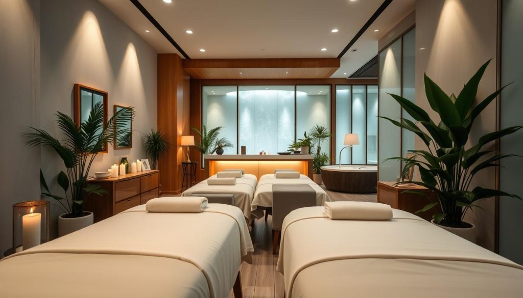A serene and inviting interior of a popular massage salon in Istanbul, showcasing elegantly arranged massage tables with soft, plush linens. In the foreground, display decorative elements such as scented candles and lush green plants that enhance the calming atmosphere. The middle ground features a peaceful reception area with wooden accents, ambient lighting, and tasteful decor, creating a sense of relaxation. In the background, a tranquil spa environment is visible, with soothing water features and soft, diffused natural light filtering through frosted glass windows. The overall mood is one of tranquility and luxury, inviting the viewer to experience a world of relaxation and rejuvenation. No people or text are included in the image. A serene and inviting interior of a popular massage salon in Istanbul, showcasing elegantly arranged massage tables with soft, plush linens. In the foreground, display decorative elements such as scented candles and lush green plants that enhance the calming atmosphere. The middle ground features a peaceful reception area with wooden accents, ambient lighting, and tasteful decor, creating a sense of relaxation. In the background, a tranquil spa environment is visible, with soothing water features and soft, diffused natural light filtering through frosted glass windows. The overall mood is one of tranquility and luxury, inviting the viewer to experience a world of relaxation and rejuvenation. No people or text are included in the image.