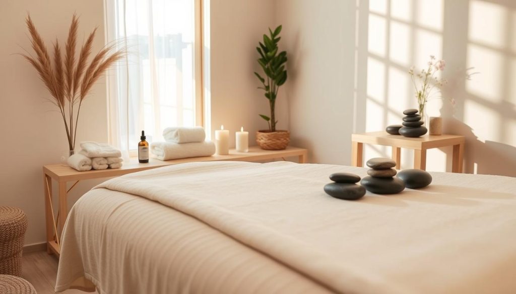 A serene and inviting massage therapy room in Istanbul, showcasing various massage types, such as deep tissue, Swedish, aromatherapy, and hot stone massage. In the foreground, a beautifully arranged massage table adorned with soft, soothing linens and essential oils. The middle ground features calming elements like plush towels, a selection of aromatic candles, and decorative stones associated with different massage techniques. In the background, a window allows soft, natural light to filter in, casting gentle shadows and creating a peaceful ambiance. The overall mood is relaxing and tranquil, evoking a sense of escape and well-being, ideal for reducing stress and enhancing relaxation.