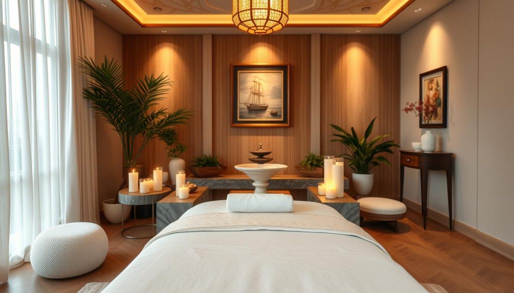 A serene and inviting setting of a luxurious massage center in Istanbul, featuring beautifully arranged treatment rooms with soft ambient lighting. In the foreground, a plush massage table topped with crisp white linens, surrounded by soothing elements like aromatherapy candles and gentle wooden decor. In the middle ground, a tranquil water feature and ornamental plants create a calming atmosphere, while elegant artwork adorns the walls. The background reveals large windows with daylight streaming through, enhancing the overall feel of relaxation and rejuvenation. The image conveys a mood of peace and serenity, inviting viewers into a world of soothing massages and restorative experiences.