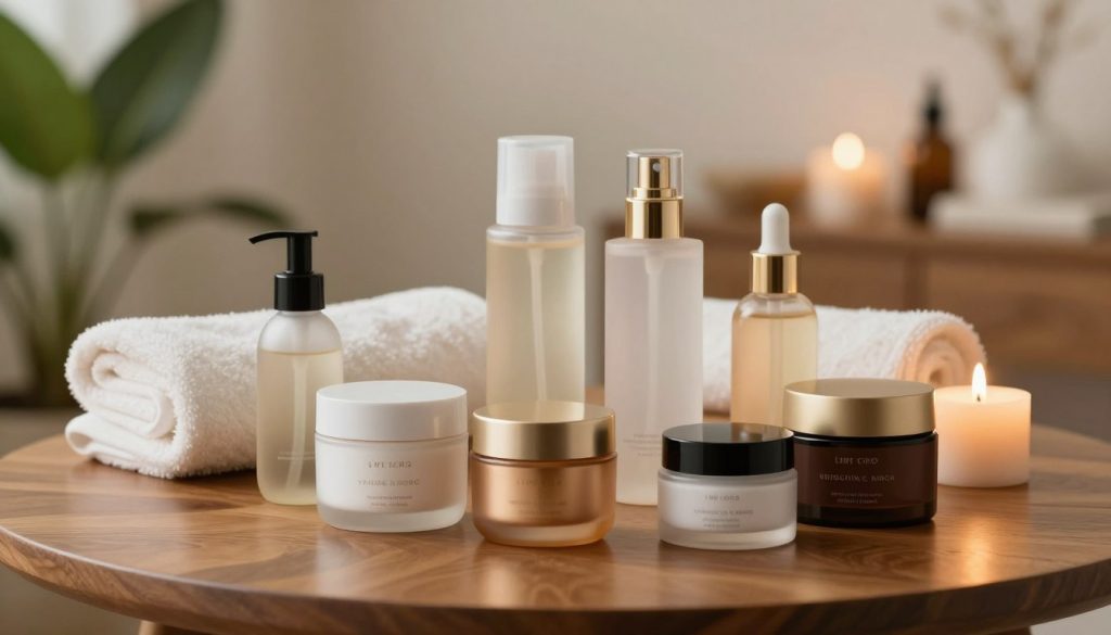 A serene and inviting spa environment, showcasing various skincare products elegantly arranged on a polished wooden table. The foreground features a collection of luxurious jars and bottles, each with sleek and modern designs, exuding an air of sophistication. In the middle ground, soft towels and candles create a tranquil atmosphere, with gentle, diffuse lighting highlighting the textures and colors of the products. The background reveals a softly blurred view of a soothing spa room with plants and natural elements, contributing to a sense of calm and relaxation. The mood is peaceful and luxurious, emphasizing the importance of product quality and skin care in enhancing well-being.