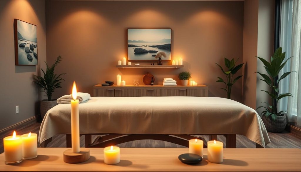 A serene and inviting spa room designed for professional massage services, featuring a plush massage table in the center. The foreground highlights soft, warm lighting emanating from elegantly arranged candles, casting gentle shadows. In the middle ground, there are calming elements such as fresh towels, essential oils, and soothing stones delicately placed on a wooden shelf. The background showcases muted, earthy-toned walls adorned with calming artwork of nature scenes. The atmosphere is tranquil and relaxing, designed to evoke a sense of peace and well-being. Subtle hints of greenery from potted plants enhance the soothing ambiance, creating a welcoming escape from daily stress. The overall composition should convey a high-quality professional setting for massage therapy.