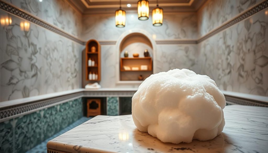 A serene and inviting traditional Turkish hamam interior, showcasing a beautiful marble environment with intricate mosaic tiles and soft, ambient lighting. In the foreground, a detailed depiction of a kese and a fluffy köpük, or foam, placed elegantly on a polished stone bench. The foam appears rich and textured, capturing the essence of a rejuvenating massage experience. In the middle ground, glimpses of beautifully crafted wooden shelves displaying aromatic oils and herbal soaps, enhancing the tranquil atmosphere. The background reveals softly glowing lanterns hanging from the ceiling, casting gentle light and shadows, creating a calming and luxurious ambiance, embodying relaxation and personal renewal.