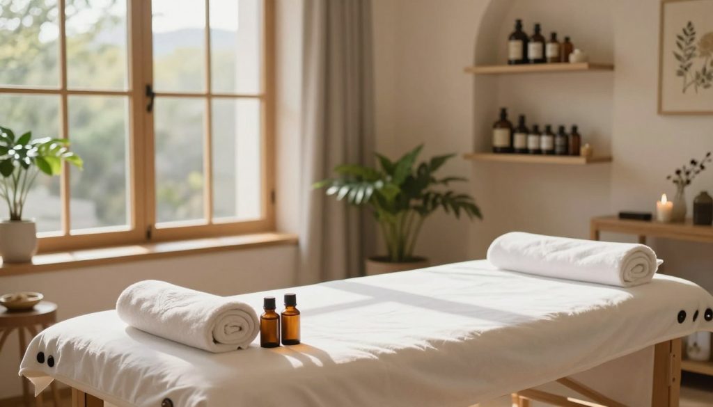 A serene and inviting wellness studio, featuring a beautifully arranged massage therapy room with calming colors and soft lighting. In the foreground, a tranquil massage table is adorned with fresh, aromatic essential oils and neatly folded towels. In the middle ground, a large window lets in warm, natural light, illuminating the room and casting gentle shadows, while green plants add a touch of nature. In the background, shelves filled with herbal remedies and wellness books suggest a focus on holistic health. The atmosphere should feel peaceful and rejuvenating, with an emphasis on creating a personal and customized wellness program. The overall mood is soothing and reflective, perfect for health and wellness topics.