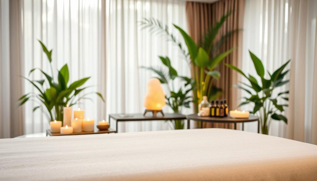 A serene and luxurious massage room designed for a high-end spa experience. In the foreground, a professional massage table is draped with soft, neutral fabric, surrounded by calming candles and aromatic oils arranged on a nearby table. The middle ground displays a gently glowing salt lamp, casting warm hues, adding to the tranquil atmosphere. In the background, lush green plants create a feeling of being surrounded by nature, enhancing relaxation. The lighting is soft and diffuse, creating a soothing ambiance, while natural light filters in through sheer curtains, giving a sense of peace and comfort. The overall mood is inviting and tranquil, emphasizing the essence of selecting a trusted professional for a genuine and reliable massage experience.