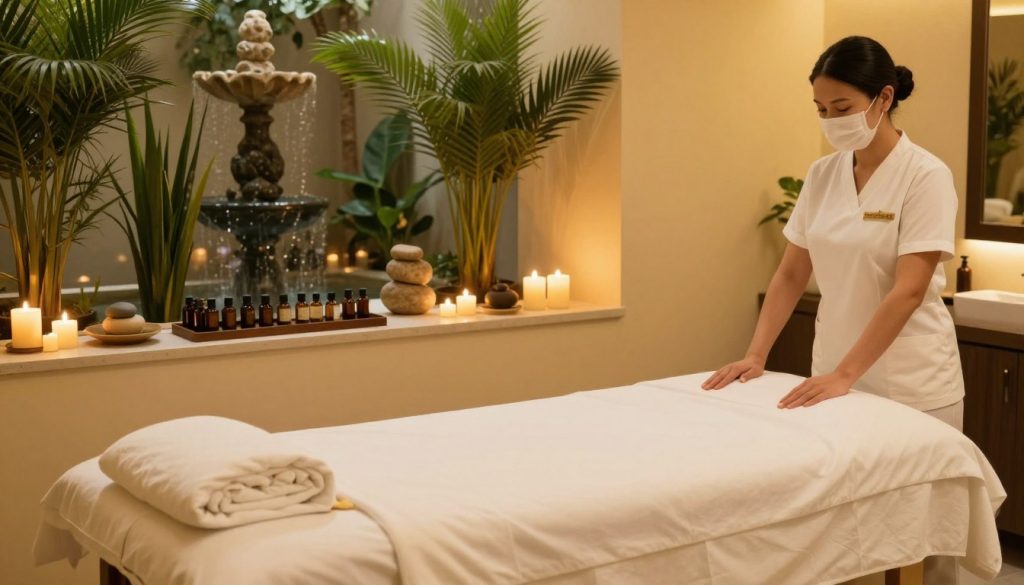 A serene and luxurious massage therapy setting reflecting a professional atmosphere in Istanbul. In the foreground, a beautifully arranged massage table draped with crisp white linens, glowing softly from ambient lighting. In the middle, a well-stocked massage therapy area featuring essential oils, natural stone decor, and soothing candles, exuding tranquility. The background showcases a calming color palette with lush green plants and an elegant water feature, creating a peaceful oasis. The room is softly lit with golden hues, creating a warm and inviting mood, perfectly encapsulating the essence of expert massage services. The image should convey relaxation and professionalism, highlighting the upscale nature of massage therapy in Istanbul.