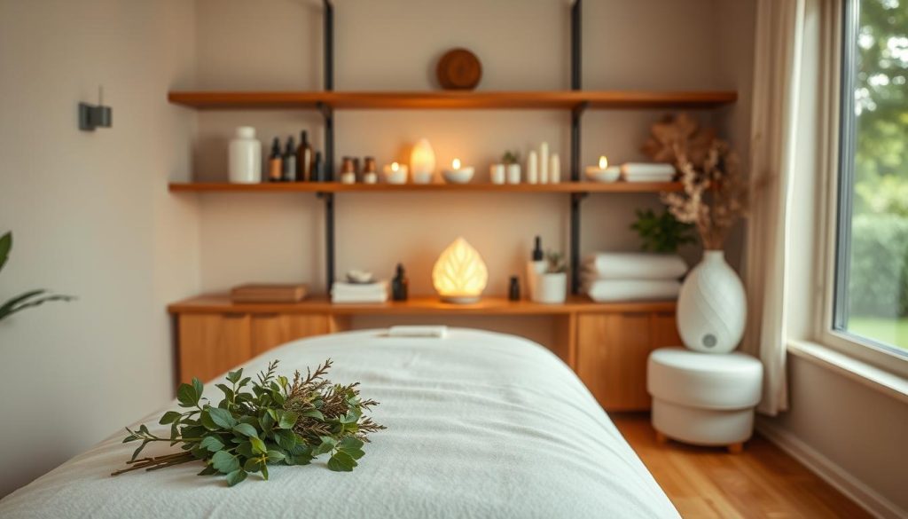 A serene and meticulously organized massage therapy room, showcasing high hygiene standards. In the foreground, a massage table draped with pristine, white linens, adorned with fresh herbs and essential oils. In the middle, shelves neatly arranged with professional massage tools, lotus candles emitting a warm glow, and a softly flickering diffuser spreading calming aromas. The background reveals a large window, with soft, natural daylight illuminating the space and allowing a glimpse of lush greenery outside. The atmosphere is tranquil, inviting relaxation and peace, with a color palette of soft greens and warm whites. The room exudes professionalism and care, emphasizing the importance of cleanliness and comfort in choosing a massage therapist.
