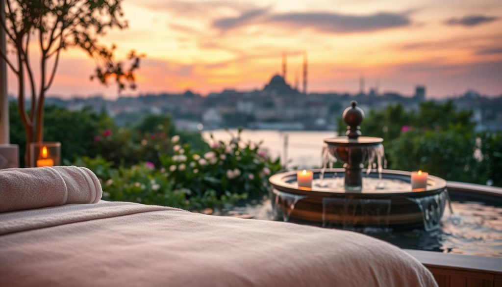 A serene and tranquil scene depicting the psychological benefits of Istanbul massage. In the foreground, a massage bed is adorned with soft towels and aromatic candles, exuding a peaceful aura. The middle ground features gentle flowing water from a small fountain, surrounded by lush greenery and delicate flowers, symbolizing relaxation and rejuvenation. In the background, a soft focus of Istanbul's iconic skyline at twilight, with warm hues of orange and lavender in the sky, creates a calming atmosphere. The soft, diffused lighting casts a warm glow, enhancing the feeling of serenity and well-being. The composition captures an essence of tranquility, mindfulness, and holistic rejuvenation, inviting viewers to experience relaxation without the presence of humans or any text elements.