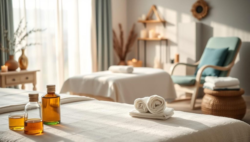 A serene and tranquil spa setting showcasing various massage techniques, including a vintage Swedish massage table, a deep tissue therapy chair, and a calming aromatherapy corner with essential oils and candles. The foreground features elegant, neatly arranged massage tools like oil bottles and towels. The middle layers include soft fabrics and serene colors like blues and greens, promoting relaxation. The background shows a softly blurred window with natural light streaming in, enhancing the peaceful ambiance. Soft shadows play across the scene, and the overall mood is calming and rejuvenating, ideal for illustrating the psychological effects of massage on the mind and body. Focus on a warm, inviting atmosphere without any human figures or text.