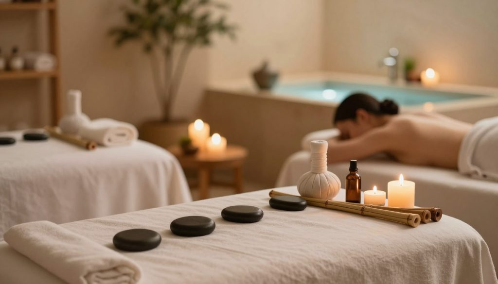 A serene and tranquil spa setting showcasing various massage types. In the foreground, a beautifully arranged massage table with soft linens, aromatic candles, and essential oils. In the middle, softly glowing ambient lighting creates a calming atmosphere, enhancing the natural wood decor and indoor plants. Various massage tools, such as stones for hot stone therapy and bamboo sticks for bamboo massage, are delicately placed nearby. In the background, a soothing water feature contributes to a peaceful soundscape. The overall mood is serene and inviting, perfect for relaxation and wellness. The lens captures the scene in a warm, diffused focus, visually communicating an atmosphere of self-care and tranquility without any human presence.