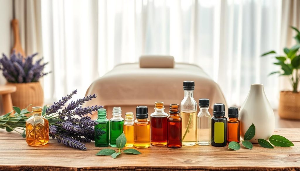 A serene aromatherapy setting, showcasing essential oil bottles in various shapes and sizes on a wooden table, surrounded by calming elements such as fresh lavender, eucalyptus leaves, and an oil diffuser emitting a gentle mist. The foreground features intricate glass containers filled with vibrant, colorful essential oils. The middle ground presents an inviting plush massage table draped with soft, neutral-toned fabrics. The background is a softly lit room with natural light filtering through sheer curtains, creating a warm and tranquil atmosphere. The scene emits a calming aura, ideal for relaxation and personal transformation. The focus is on the harmonious blend of nature and wellness, without any human presence or text.