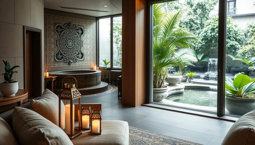 A serene boutique spa nestled in Istanbul, showcasing the fusion of traditional Turkish bath elements and modern luxury. In the foreground, elegant wooden furnishings with plush cushions, delicate glass lanterns casting a warm, inviting glow. The middle ground features an ornate hamam-style steam room with intricate mosaics and soft, ambient lighting. In the background, large windows reveal a tranquil courtyard filled with lush greenery and flowing water, enhancing the sense of relaxation. Soft, diffused sunlight filters through the space, creating a peaceful atmosphere that embodies rejuvenation and personal touch. The overall mood is calm and soothing, inviting the viewer into this hidden oasis of wellness and tranquility.