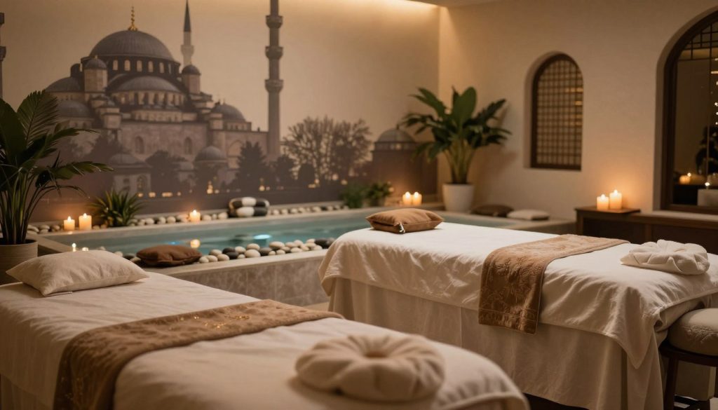 A serene spa and massage setting representing popular districts in Istanbul. In the foreground, an elegant massage room filled with soothing elements like soft cushions, warm candles, and a massage table draped in luxurious fabrics. The middle layer includes a calming water feature with pebbles, and subtle greenery that adds a touch of nature. In the background, soft-focus silhouettes of Istanbul's iconic architecture, blending seamlessly into the soothing ambiance. The lighting is warm and inviting, casting gentle shadows that enhance the tranquil atmosphere. Capture the essence of relaxation and wellness, evoking a sense of peace and rejuvenation, without any human subjects or text.