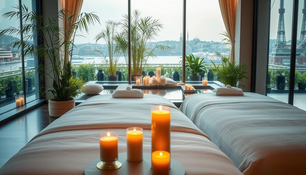 A serene spa environment designed for couples, featuring an elegant massage area with two comfortable massage tables adorned with soft white linens. In the foreground, there are aromatic candles flickering gently, casting a warm glow. The middle ground reveals a beautifully arranged spa setting with lush greenery, bamboo plants, and soothing water features that evoke tranquility. In the background, large windows showcase a picturesque view of Istanbul’s skyline, bathed in soft afternoon light. The overall mood is peaceful and romantic, inviting relaxation and connection. The lighting is soft and warm, enhancing the calm atmosphere, while the composition is centered to evoke an intimate and spacious feel, perfect for a couples' retreat.