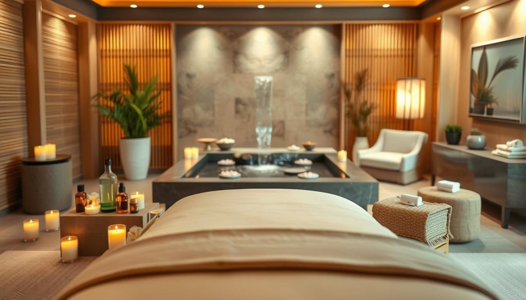 A serene spa environment showcasing a luxurious massage experience. In the foreground, an elegantly arranged massage table adorned with soft, neutral-colored linens. Surrounding the table, various aromatic oils in glass bottles, candles softly flickering, and fresh flowers adding a touch of nature. In the middle, a tranquil water feature gently cascading, reflecting soft light. The background features warm, ambient lighting, with bamboo accents and tranquil artwork on the walls, creating a calming atmosphere. The overall color palette consists of soothing earth tones, enhancing the feeling of relaxation and opulence. Capture this serene space with a soft focus, imbuing the image with warmth and tranquility, emphasizing the essence of true relaxation that boutique massage offers.