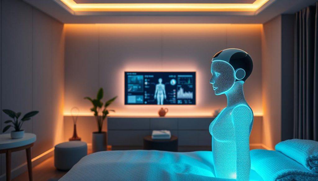 A serene spa treatment room featuring a high-tech AI body scanning device in the foreground, illuminated by soft, ambient lighting. The middle layer showcases sophisticated screens displaying data and analytics about body wellness and treatments. In the background, a calming atmosphere with natural elements such as plants and muted colors, enhancing the spa experience. The room is designed with modern decor, integrating technology seamlessly into a tranquil environment. The overall mood is soothing and professional, emphasizing innovation in personal wellness. Capture the essence of advanced technology combined with a personalized touch in holistic health care, without any human subjects present.