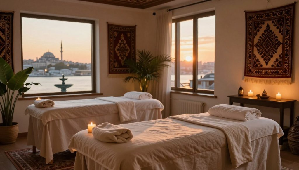 A serene space designed for a massage therapy setting in Istanbul. In the foreground, a beautifully arranged massage table with soft, inviting linens, surrounded by soothing aromatherapy candles. The middle ground features decorative elements such as a small indoor water fountain, lush potted plants, and traditional Turkish textiles adorning the walls, creating a calming environment. The background reveals large windows with a view of the iconic Istanbul skyline at sunset, casting warm golden light across the room. The atmosphere is tranquil, embodying relaxation and rejuvenation, with gentle shadows adding depth. The lighting is soft and ambient, enhancing the peaceful mood of this inviting space. No humans present, focusing solely on the immersive environment.