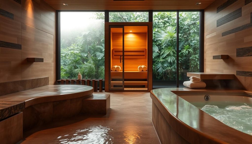 A serene wet area experience featuring a luxurious Turkish hammam, steam room, sauna, and jacuzzi. In the foreground, delicate steam swirls gently rise from heated stone benches, creating a tranquil atmosphere. The middle section showcases warm wooden textures and polished stones, while the sauna radiates a soft golden light, inviting relaxation. Behind, lush greenery peeks through frosted glass, enhancing the sense of peace and rejuvenation. The scene captures soft, diffused lighting, creating an ethereal glow that emphasizes the gentle curves and calming surfaces of the various facilities. The overall mood is one of deep relaxation and harmony, perfect for preparing both body and mind.