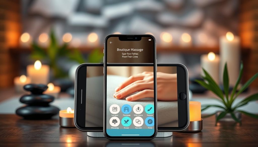 A sleek mobile app interface showcasing various boutique massage services. The foreground features a smart device displaying an elegant app with icons for different massage therapies, surrounded by soft, relaxing colors like lavender and teal. In the middle, an abstract representation of soothing hands in motion, symbolizing the massage process. The background is a blurred image of a tranquil spa environment, accented with natural elements like stones, candles, and green plants to convey a peaceful atmosphere. The lighting is soft and warm, creating a serene mood, with a focus on professionalism and digital innovation. The scene is elegantly composed, emphasizing the concept of mobile compatibility for wellness services. A sleek mobile app interface showcasing various boutique massage services. The foreground features a smart device displaying an elegant app with icons for different massage therapies, surrounded by soft, relaxing colors like lavender and teal. In the middle, an abstract representation of soothing hands in motion, symbolizing the massage process. The background is a blurred image of a tranquil spa environment, accented with natural elements like stones, candles, and green plants to convey a peaceful atmosphere. The lighting is soft and warm, creating a serene mood, with a focus on professionalism and digital innovation. The scene is elegantly composed, emphasizing the concept of mobile compatibility for wellness services.