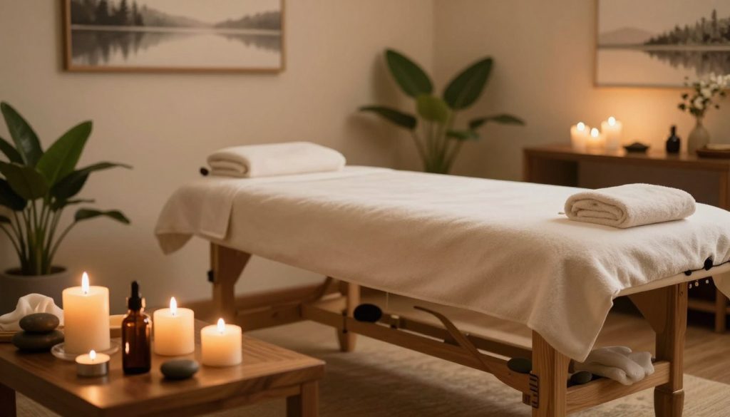 A tranquil spa setting, featuring an elegant massage table positioned in a softly lit room. The foreground showcases aromatic oils and soothing candles arranged neatly on a wooden shelf nearby. In the middle, focus on natural elements: lush green plants and subtle stones to create a calming atmosphere. The background displays serene artwork depicting peaceful landscapes, enhancing the relaxing mood. Warm, diffused lighting casts a soft glow throughout the space, promoting a sense of tranquility and comfort. Textures such as soft towels and smooth wood contribute to a welcoming environment. The overall scene embodies a professional massage service, inviting the viewer to explore the various types of massage available: deep tissue, aromatherapy, sports, and classic massage styles.