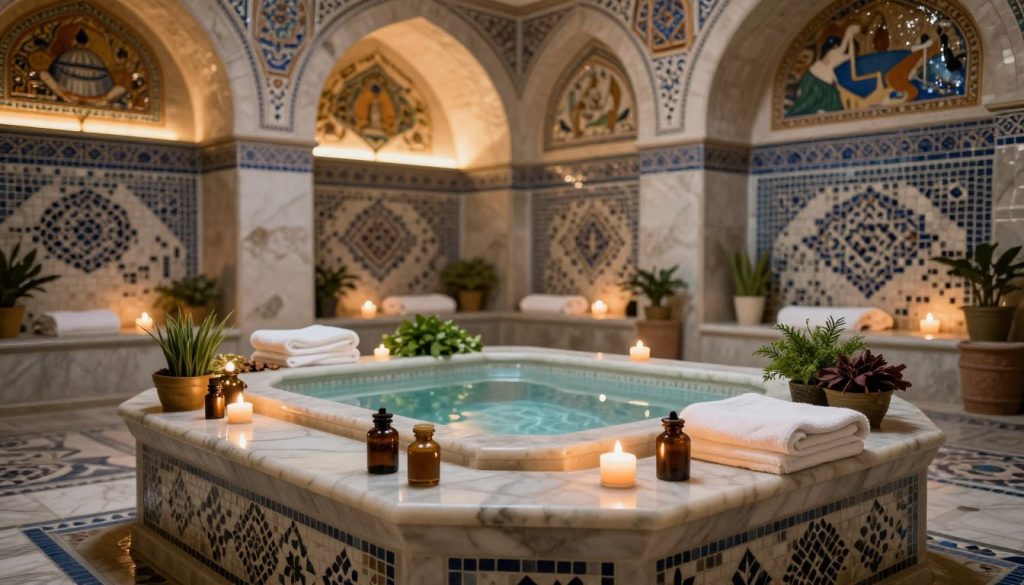 A serene Turkish bath (hamam) interior, focusing on the elegant patterns of mosaic tiles and intricate archways. The foreground features a beautifully arranged marble bench with scented oils and candles, casting a gentle, warm glow. In the middle ground, a traditional hamam basin reflects the soft light, surrounded by lush towels and aromatic herbs, evoking relaxation and tranquility. The background displays softly illuminated domed ceilings with ornate frescoes, dripping with humidity and warmth. The atmosphere is calm and inviting, perfect for showcasing the concept of budget-friendly wellness. Use soft, diffused lighting to enhance the warm and peaceful mood, capturing the essence of affordability and relaxation in Istanbul's massage culture.