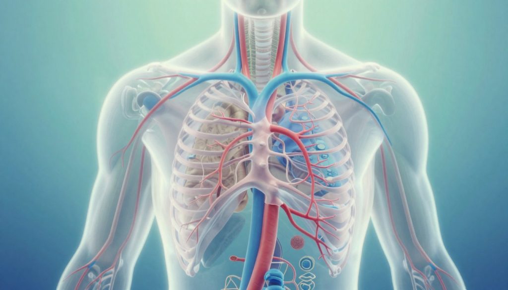A serene and harmonious depiction of the human circulatory system, elegantly illustrating blood flow along intricate pathways, anatomical structures highlighted in soft, inviting colors. In the foreground, a translucent image of veins and arteries interwoven with delicate lymphatic vessels, surrounded by a gentle, flowing aura symbolizing health and vitality. The middle layer showcases a calm environment, with a gradient of soothing blues and greens merging into the background, suggesting the body's internal systems working in unison. Soft, diffused lighting enhances the sense of tranquility and wellness, evoking a peaceful atmosphere. The overall mood radiates balance and rejuvenation, representing the importance of massage in enhancing circulation, lymphatic function, and immune response.