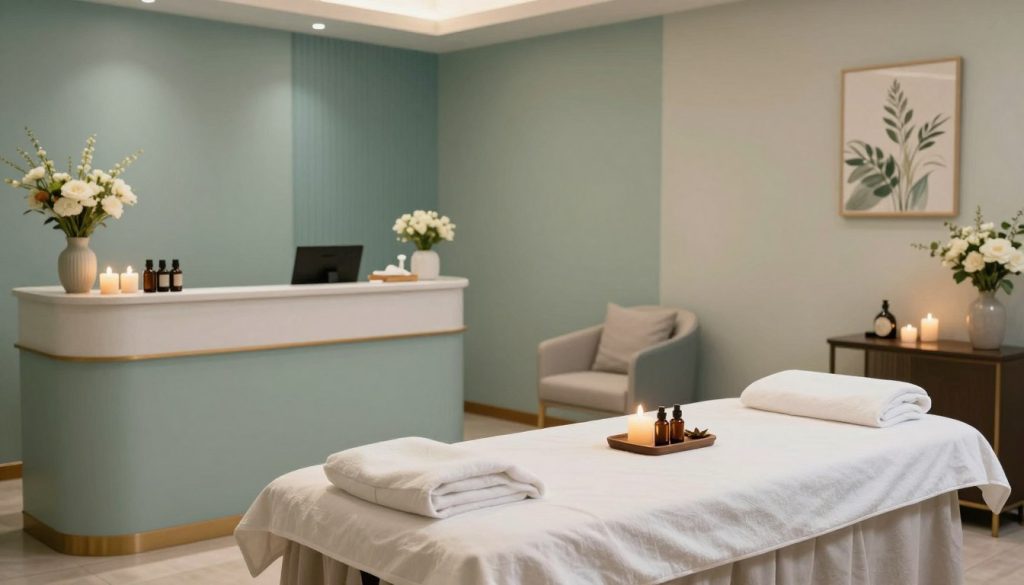 A serene and inviting massage salon environment, featuring a well-organized reception area with fresh flowers, soft lighting, and calming decor. In the foreground, a beautifully arranged massage table with clean linens, essential oils, and soothing candles. The middle ground includes elegant, minimalist furniture and calming color palettes of blues and greens. In the background, tastefully decorated walls with a touch of nature-themed artwork and soft, ambient lighting that enhances the tranquil atmosphere. The overall mood is one of relaxation and professionalism, emphasizing cleanliness and hygiene in a soothing, spa-like setting. No humans are included in the image, maintaining a focus on the salon’s impeccable design and ambiance.