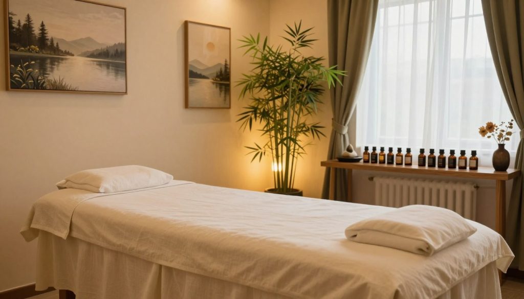 A serene and inviting massage salon interior, featuring softly lit ambient lighting that creates a warm and calming atmosphere. In the foreground, a plush massage table draped in a rich, cream-colored linen. The middle ground includes peaceful decorative elements such as bamboo plants, calming artwork on the walls depicting tranquil landscapes, and neatly arranged essential oils displayed on a sleek wooden shelf. In the background, large windows with sheer curtains allow natural light to filter in, adding to the soothing environment. The overall ambiance evokes relaxation and pampering, ideal for a rejuvenating experience in the heart of Istanbul's vibrant neighborhoods. The image should capture the essence of tranquility and comfort, highlighting a boutique massage experience without any human subjects or text elements.