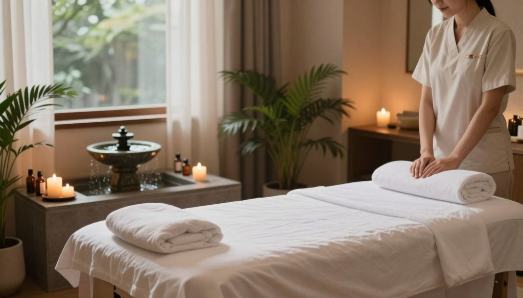 A serene and inviting massage therapy room, elegantly designed with warm earth tones and soft, ambient lighting that creates a calming atmosphere. In the foreground, a professional massage table draped in crisp white linens, surrounded by neatly arranged essential oils and soothing candles. The middle ground features a gentle water fountain, adding a tranquil sound, alongside lush green plants that enhance the soothing environment. In the background, a window reveals a glimpse of a peaceful outdoor scene with soft natural light filtering through sheer curtains, emphasizing a sense of relaxation and safety. The overall mood conveys trust, professionalism, and a personalized approach to massage therapy.