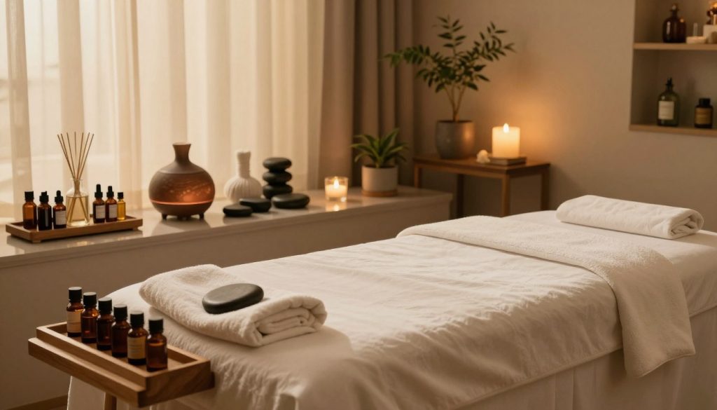 A serene and inviting massage therapy room, showcasing various massage options. In the foreground, a beautifully arranged massage table with soft, luxurious linens and essential oils neatly placed on a wooden shelf nearby. In the middle, an assortment of massage tools including hot stones, aromatherapy diffusers, and a variety of massage oils displayed artistically on a polished surface. The background features calming decor, such as potted plants and soft ambient lighting, creating a tranquil atmosphere. Soft golden light filtering through sheer curtains enhances the sense of relaxation. The overall mood is peaceful and rejuvenating, ideal for illustrating different massage types and guiding individuals in their choice of a personal massage experience.