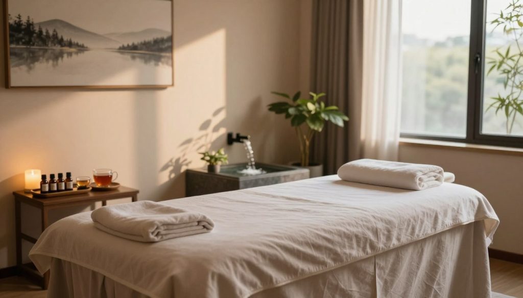 A serene and inviting massage therapy room, with soft ambient lighting creating a calming atmosphere. The foreground features a plush massage table, draped in soothing, neutral-toned linens. On the side, a small table holds essential oils and a few herbal teas, hinting at the personalized services offered. In the middle space, a gently flowing water fountain adds a tranquil sound, surrounded by delicate plants that enhance the setting. The background showcases tranquil artwork depicting peaceful landscapes, with a large window allowing natural light to filter in, casting soft shadows. The mood is relaxing and professional, ideal for a personalized pre-session evaluation, inviting the viewer to imagine the calming experience of a tailored massage therapy session.