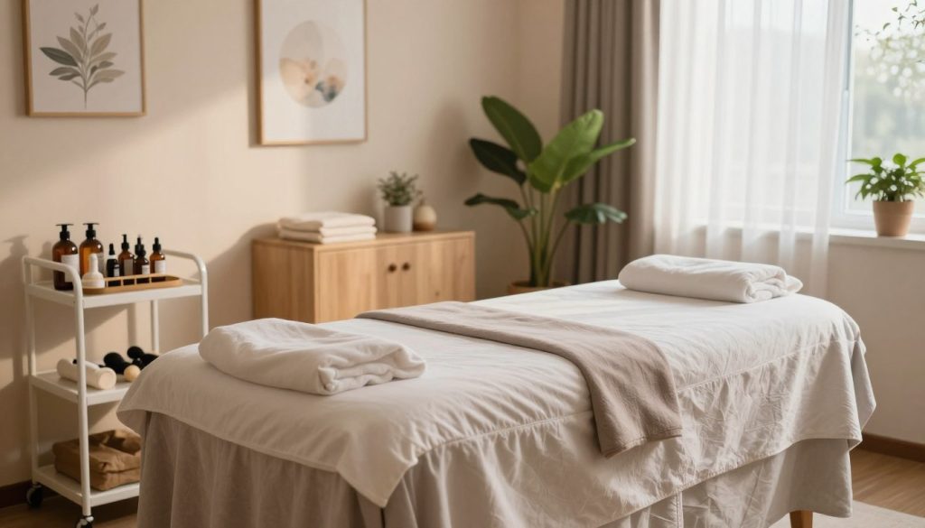 A serene and inviting massage therapy studio featuring a tranquil atmosphere. In the foreground, an elegantly arranged treatment table with soft, neutral-toned linens is central to the scene. To the left, a well-organized cart displays an array of professional massage oils and tools. The middle ground reveals calming decor, including potted plants and soothing artwork, enhancing relaxation. In the background, gentle natural light filters through sheer curtains, casting a warm glow throughout the space. The room is impeccably clean and tastefully designed, evoking a sense of professionalism and comfort. The overall mood is peaceful and welcoming, perfect for choosing a reliable massage service. The composition is shot at a slight angle to capture depth, with a soft focus on backgrounds to emphasize the massage setup. A serene and inviting massage therapy studio featuring a tranquil atmosphere. In the foreground, an elegantly arranged treatment table with soft, neutral-toned linens is central to the scene. To the left, a well-organized cart displays an array of professional massage oils and tools. The middle ground reveals calming decor, including potted plants and soothing artwork, enhancing relaxation. In the background, gentle natural light filters through sheer curtains, casting a warm glow throughout the space. The room is impeccably clean and tastefully designed, evoking a sense of professionalism and comfort. The overall mood is peaceful and welcoming, perfect for choosing a reliable massage service. The composition is shot at a slight angle to capture depth, with a soft focus on backgrounds to emphasize the massage setup.