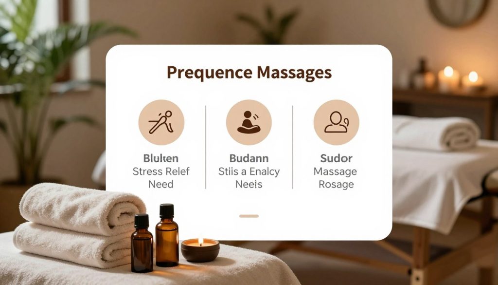 A serene and inviting spa environment featuring a variety of massage essentials, such as soft towels, a massage table, and calming aromatherapy oils arranged neatly in the foreground. In the middle, a well-designed infographic or chart illustrating the recommended frequency of massages tailored to different needs, with visual elements like icons representing relaxation, stress relief, and wellness. The background should display tranquil elements, such as plants and dimmed lighting for a soothing atmosphere. The overall mood should be relaxing and informative, capturing the essence of a wellness journey focused on individualized frequency recommendations for massage therapy, with soft natural light illuminating the space, emulating a calming vibe.
