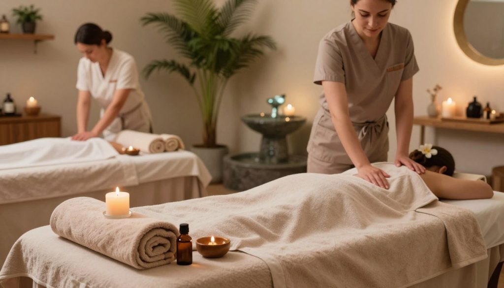 A serene and inviting spa environment showcasing various types of massage techniques. In the foreground, an elegantly arranged treatment table set with soft towels, aromatic oils, and soothing candles. The middle ground features tranquil elements like a small water fountain and lush greenery, creating a calming atmosphere. In the background, soft ambient lighting casts a warm glow, enhancing the sense of relaxation. The color palette consists of earthy tones combined with soft pastels, promoting tranquility. Natural materials like wood and stone are used throughout the space, giving it a boutique feel. The composition emphasizes harmony and peace, capturing the essence of professional massage services offered in Istanbul.