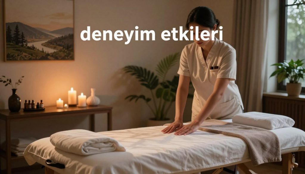 A serene and professional massage therapy setting that conveys the essence of "deneyim etkileri." In the foreground, a neatly arranged massage table with soft linens, aromatic essential oils, and calming candles set the mood. In the middle, there's an inviting atmosphere with soft lighting, creating warm shadows that enhance the tranquility of the room. The background features soothing artwork depicting peaceful landscapes, and lush plants that infuse a natural element. The angle focuses on creating depth, emphasizing the calm workspace without any human presence, ensuring a professional and relaxing ambiance. The overall atmosphere should evoke a sense of healing and well-being, central to the massage therapy experience, inviting the viewer to reflect on the value of this profession.