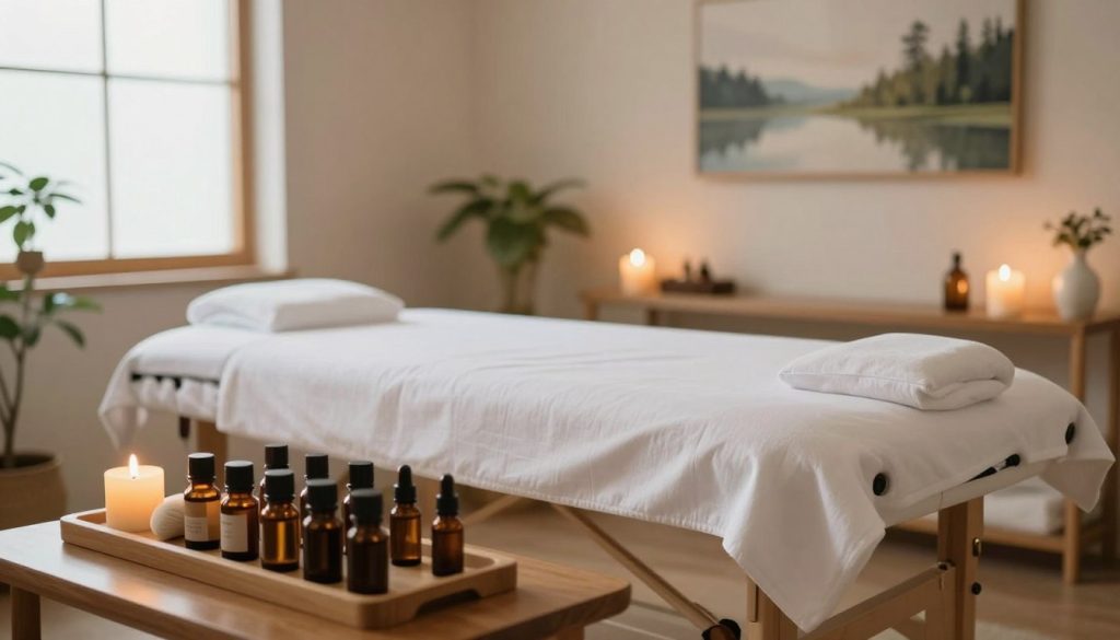 A serene and tranquil massage therapy room featuring a massage table, soft lighting, and calming decor. In the foreground, there is a neatly arranged set of essential oils and massage tools displayed on a wooden shelf. The middle ground showcases the massage table with fresh white linens, surrounded by flickering candles and soothing plants. In the background, a simple yet elegant wall art piece reflects a peaceful nature scene, and a window allows natural light to gently illuminate the room. The atmosphere is calming and inviting, emphasizing relaxation and wellness. The image should convey a sense of professionalism and tranquility, capturing the essence of a massage therapy environment without any human figures or text.