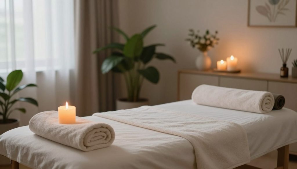 A serene home massage setting in a cozy room, showcasing a neatly arranged massage table adorned with soft towels and soothing candles. In the foreground, a tranquil ambiance is created by a gently flickering candle, casting warm, inviting light. The middle section features lush houseplants and calming decor that promotes relaxation, while the background includes soft, muted colors that enhance the peaceful atmosphere. Natural light filters through sheer curtains, adding a touch of brightness without being overpowering. Subtle essential oil diffusers fill the air with a hint of herbal scents, embodying a soothing retreat. The overall mood is one of calm and rejuvenation, perfect for a relaxing at-home massage experience.