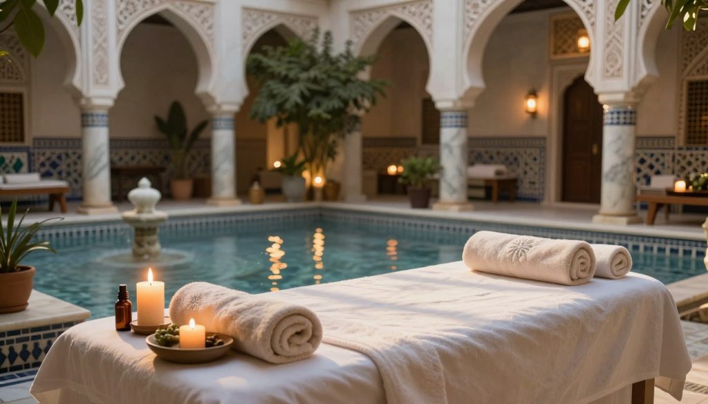 A serene spa environment inspired by traditional Turkish hamams, showcasing intricate tiling and marble elements. In the foreground, an elegantly arranged treatment table with plush towels and natural, calming decorations like candles and essential oils. The middle ground features a soothing water feature, with warm light reflections creating a tranquil atmosphere. The background displays lush greenery and ornate arches, enhancing the feeling of relaxation. Soft, diffused lighting mimics the warm glow of a sunset, casting gentle shadows that enrich the scene. The overall mood is peaceful and rejuvenating, inviting viewers to imagine a realistic budget and time plan for their spa experience.