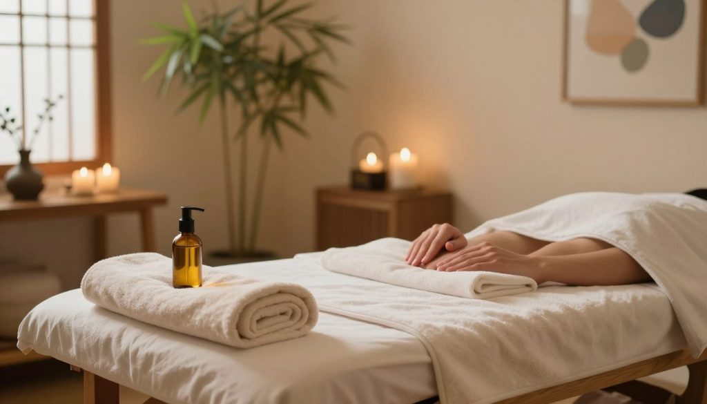 A serene spa environment showcasing a deep tissue massage setup. In the foreground, a professional massage table is neatly arranged with soft towels and a bottle of massage oil. The middle ground features calming decor, such as bamboo plants and diffused lighting, creating a tranquil atmosphere. Subtle, warm light bathes the space, enhancing the sense of relaxation. In the background, soft colors and abstract art pieces evoke a peaceful ambiance, suggesting a sanctuary for wellness. The image captures the essence of deep tissue massage, emphasizing comfort and targeted relaxation without any human subjects. Focus on textures like smooth wooden surfaces and plush materials, inviting viewers to immerse themselves in the soothing experience.
