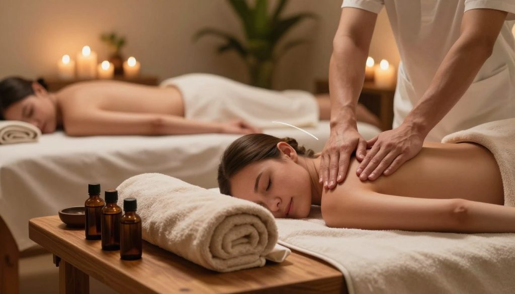 A tranquil spa environment showcasing various massage techniques. In the foreground, display an elegant wooden massage table adorned with soft, plush towels and essential oils. The middle section features a serene massage therapist's hands expertly demonstrating different techniques, such as Swedish and deep tissue, using visual cues like gentle movements and relaxation. The background includes a calming ambiance with warm lighting, candles flickering softly, and soothing indoor plants to create a peaceful, inviting atmosphere. The scene should convey relaxation and professional care, emphasizing the importance of choosing the right massage type for an optimal experience. Focus on natural hues and soft textures to enhance the holistic feel of the image.