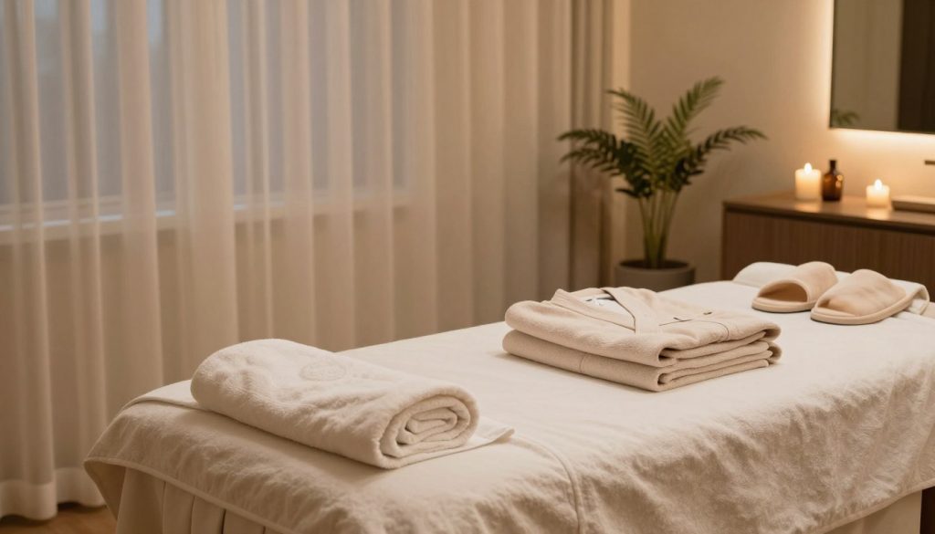 A tranquil spa setting in a luxurious hotel, featuring a neatly arranged massage room. In the foreground, a plush massage table adorned with clean, soft towels and aromatic candles creates a serene atmosphere. To the side, a neatly folded set of casual, comfortable clothing suitable for a relaxing massage, such as a light cotton robe, and soft slippers. The middle ground showcases soothing decor with flowing sheer curtains and delicate plants that enhance the calm ambiance. Soft, warm lighting casts a gentle glow throughout the room, inviting relaxation and comfort. The overall mood is serene and peaceful, providing the perfect environment for a rejuvenating experience.