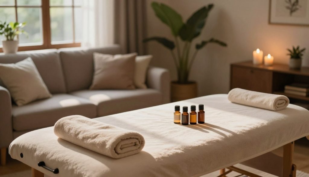 A serene and inviting home massage setup. In the foreground, a soft, plush massage table is adorned with a neatly folded towel and essential oils artfully arranged nearby. The middle layer showcases a cozy living room environment, with warm lighting creating a relaxing atmosphere, featuring soft furnishings like cushions and ambient candles. Potted plants add a touch of nature, enhancing the tranquility of the space. In the background, a large window allows natural light to filter in, illuminating the scene and casting gentle shadows. The overall mood is calming and peaceful, perfect for a private at-home massage experience, emphasizing comfort and relaxation without any human subjects.