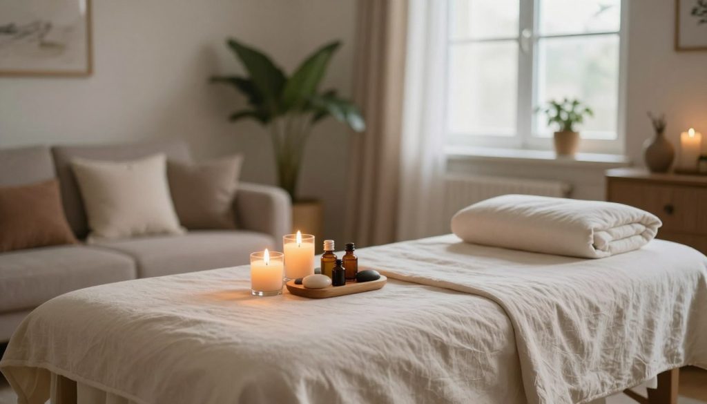 A serene and inviting home spa setting in Istanbul. In the foreground, a plush massage table draped with luxurious, soft linen. Aromatic candles flicker gently beside the table, casting a warm, inviting glow. A small collection of massage oils and natural stones lie neatly arranged. In the middle ground, a cozy living area with potted plants and soft cushions enhances the relaxation atmosphere. The background features a large window with sheer curtains, allowing soft natural light to filter in, illuminating the peaceful scene. The overall mood is tranquil and rejuvenating, evoking a sense of comfort and pampering, perfect for an at-home massage experience. The composition captures the essence of relaxation, without any human figures in the space. A serene and inviting home spa setting in Istanbul. In the foreground, a plush massage table draped with luxurious, soft linen. Aromatic candles flicker gently beside the table, casting a warm, inviting glow. A small collection of massage oils and natural stones lie neatly arranged. In the middle ground, a cozy living area with potted plants and soft cushions enhances the relaxation atmosphere. The background features a large window with sheer curtains, allowing soft natural light to filter in, illuminating the peaceful scene. The overall mood is tranquil and rejuvenating, evoking a sense of comfort and pampering, perfect for an at-home massage experience. The composition captures the essence of relaxation, without any human figures in the space.