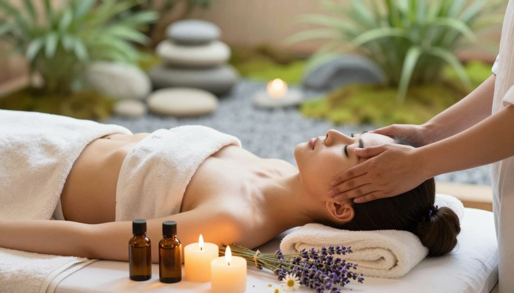 A serene and inviting image of a peaceful spa environment showcasing the benefits of head massage. In the foreground, a beautifully arranged massage table with soft, fluffy towels and calming essential oils. In the middle, gently glowing candles emit warm light, creating a calming atmosphere. An array of delicate, fragrant herbs and flowers, such as lavender and chamomile, is artistically placed around the table. In the background, a softly blurred view of a tranquil zen garden with smooth stones and lush green plants enhances the soothing ambiance. The lighting is soft and natural, reminiscent of early morning light, while a warm color palette evokes feelings of relaxation and wellbeing. The overall mood is tranquil, promoting the idea of rejuvenation and stress relief.