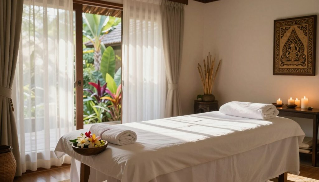 A serene and inviting massage therapy room set in an exotic travel destination, showcasing a soft, neutral color palette. In the foreground, a luxurious massage table draped with crisp white linen, surrounded by aromatic candles and a bowl of fresh flowers, creating a tranquil atmosphere. The middle ground features a floor-to-ceiling window with sheer curtains, allowing warm sunlight to stream in, casting gentle shadows. Outside, glimpses of lush greenery and vibrant local flora enhance the sense of place. The background includes subtle decorations that reflect the local culture, such as traditional artwork and calming bamboo accents. The overall mood is peaceful and rejuvenating, ideal for a relaxing escape after a long journey. A serene and inviting massage therapy room set in an exotic travel destination, showcasing a soft, neutral color palette. In the foreground, a luxurious massage table draped with crisp white linen, surrounded by aromatic candles and a bowl of fresh flowers, creating a tranquil atmosphere. The middle ground features a floor-to-ceiling window with sheer curtains, allowing warm sunlight to stream in, casting gentle shadows. Outside, glimpses of lush greenery and vibrant local flora enhance the sense of place. The background includes subtle decorations that reflect the local culture, such as traditional artwork and calming bamboo accents. The overall mood is peaceful and rejuvenating, ideal for a relaxing escape after a long journey.